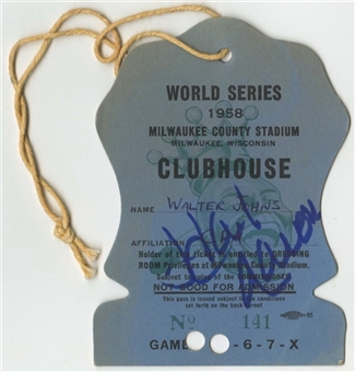 1958 Hank Aaron Autographed World Series Clubhouse Pass (JSA)